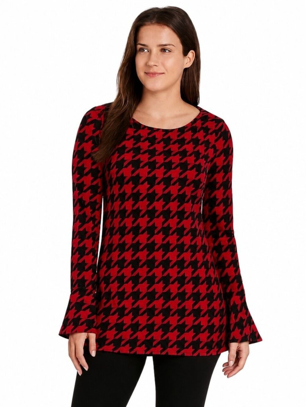 Chaus Red & Black Houndstooth Bell Sleeve Top | Size S | EUC